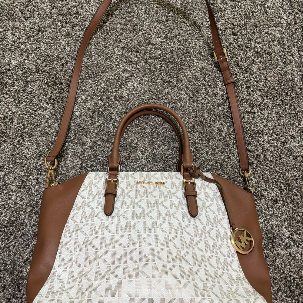 Michael Kors Brown and Cream Satchel with Gold Hardware